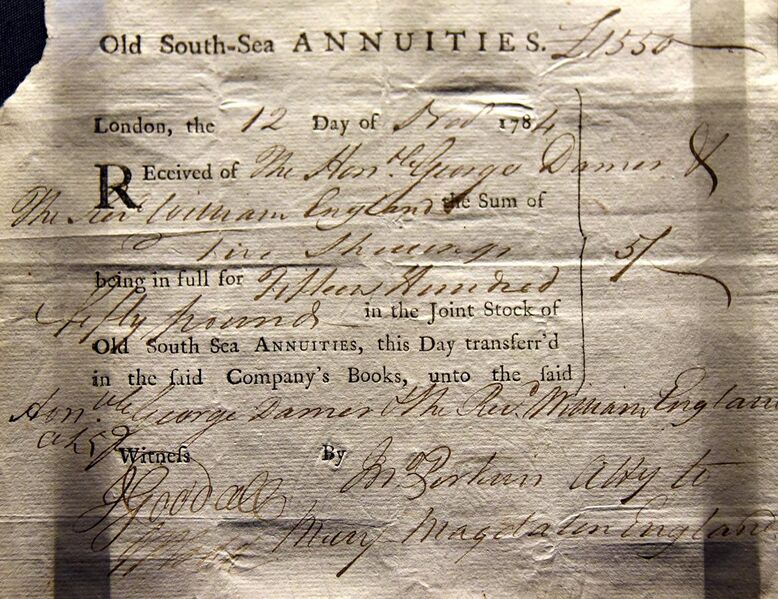 File:South Sea Annuities share certificate, issued November 13, 1784. On display at the British Museum in London.jpg