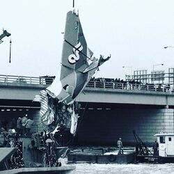 A severed airplane tail section hangs from a crane just above the water, guyed by crew on barges. A low, steel beam bridge with granite block piers stands behind, it's railing lined with onlookers.