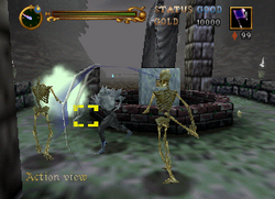 A ragged man engages in sword combat with a haunted suit of armor. The octagonal room is dim with crimson walls and a wooden checkered floor, and is adorned by a golden door, two stone gargoyles, and another suit of armor.