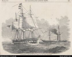 Etching of HMS Herald from the London Illustrated News with the steamship Torch in the background