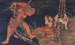 Kobo Daishi Practicing the Tantra, with Demon and Wolf, by Hokusai.jpg