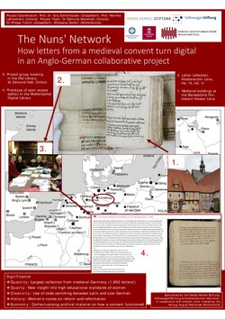 The four fields show 1. The Abbey of Lüne, 2. One of the medieval letter books, 2. Members of the project group working on the edition (from left to right: Edmund Wareham, Lena Vosding, Eva Schlotheuber, Torsten Schaßan), 4. The open access online edition. The underlying map shows the Hanseatic League around 1400.