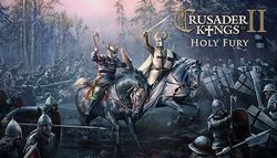 A knight and a pagan warrior duel on horseback, surrounded by fighting soldiers