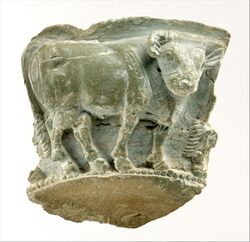 Fragment of a bowl with a frieze of bulls in relief, ca. 3300–2900 B.C. Late Uruk–Jemdet Nasr. Southern Mesopotamia.jpg