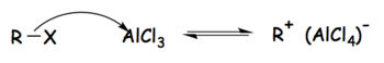 alkyl halide reacts with strong Lewis acid (AlCl3) to form activated electrophile