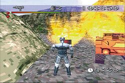 Screenshot from German release showing human main character replaced with a cyborg.