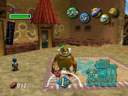 A rock-like humanoid standing on a town street. Around the image are icons representing time passed, the player's health, magic, money, items and possible actions.