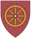 The college shield of St Catharine's College, Cambridge, prominently depicting a Catherine wheel.
