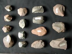 Stone tool artifacts include flakes, cores, and hammers used by hominins during the Paleolithic Period
