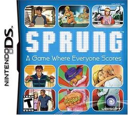 various scenes from the game surrounding the title “SPRUNG” and the tagline “a game where everyone scores”