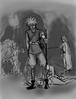A gray scale sketch of a man standing in a cave. Additional characters are in the background.