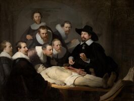 A painting of an autopsy, by Rembrandt, entitled "The Anatomy Lesson of Dr. Nicolaes Tulp"