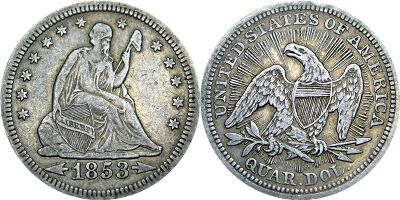 1853 Seated Liberty silver quarter, with its distinct arrows and rays.