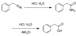 Synthesis of phenylacetic acid from benzyl cyanide.png