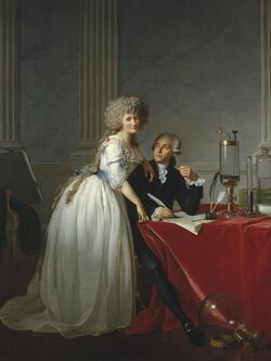 An old style realistic painting. In the center, as if in a spotlight, a woman in a flowing white dress, and a grey wig, of the sort British nobility wear. She leans against her husband, a nondescript nobleman who is at a desk writing. He looks up at her longingly.