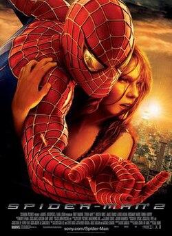 Against a New York City background, a slightly wounded Spider-Man hugs Mary Jane Watson, with a reflection of Doctor Octopus in his eye as he shoots a web.