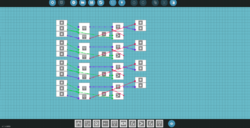 The screenshot contains an image of the microcontroller editor, using nodes that connect different gates, with a hot bar in the bottom and a blue gridded background.