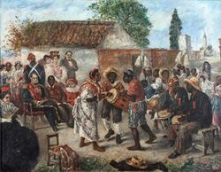 Painting depicting a man in an elaborate military uniform seated before a group of dancers, drummers and other musicians