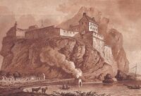 Dumbarton castle in 1800 and functioning lime kiln with smoke in the foreground.