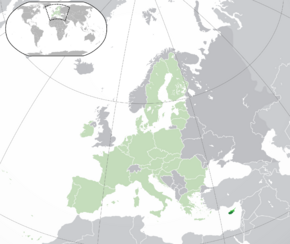 Location of Cyprus (pictured lower right), showing the Republic of Cyprus in darker green and disputed territory shown in brighter green, with the rest of the European Union shown in pastel green