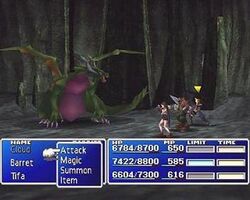 In a cavern, three people face a dragon. Along the bottom is a blue display showing each character's health, magic energy, and waiting time before their turn in battle.