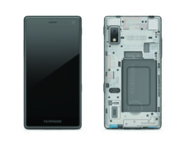 A image of the front and back of a Fairphone 2, showing the screen, camera and speaker at the front, and antennas, battery, card slots, loudspeaker and rear camera at the back, among other components.
