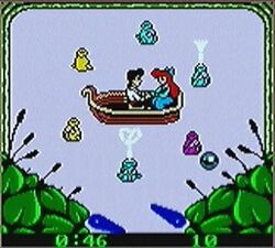 Screenshot of a pinball table; the table includes an image of a man and a woman in a boat surrounded by water.