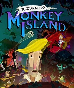 Close-up of Guybrush Threepwood gazing in amazement at the contents, not shown, of a chest radiating light. Behind him are the game's main characters in different poses and, in the background, a pirate ship and the giant monkey head of Monkey Island. The logo with the name of the game is superimposed at the top of the image.