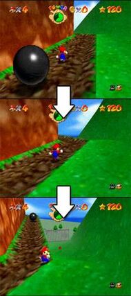 Three screenshots demonstrating the virtual camera system in Super Mario 64