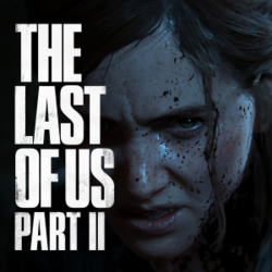 Block text with the words "The Last of Us Part II" beside the bloody, angry face of Ellie, who has brown hair