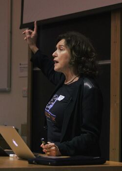 Daniela Bortoletto speaking in a lecture theatre