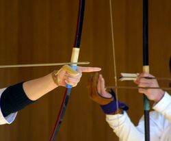 a hand holds a bow while the complementary hand, wearing a glove, draws the bowstring (an arrow is nocked); in the background another pair of hands gestures to places on another bow