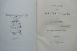 Two front pages laid out of the 1868 copy of "Recherches sur le spectre solaire" in black and white text