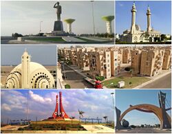 Images from top, left to right: Anwar Sadat Satue, Abd El-Aziz Ezz Mosque, Virgin Mary Church, Twelfth residential area, The Unknown Soldier Memorial, Sadat City Gate