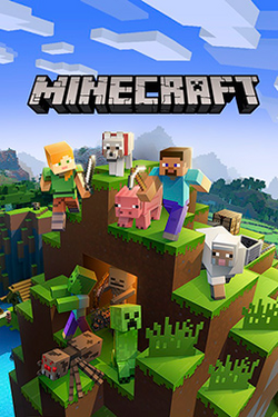 The default player skin, Steve, running across a grassy plain while carrying an Iron pickaxe. Alongside him is a tame wolf. In the background, there is a pig, a chicken, a cow, a skeleton, a zombie, and a creeper. Mountains and cliffs fill the background, and the sky is blue, filled with clouds. Hovering over the scene is the Minecraft logo.