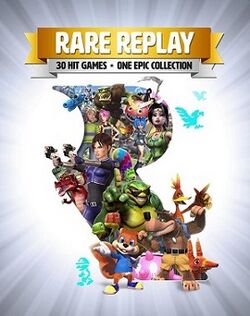 Portrait-oriented cover art with gradient from white to gray outward from the center with explosive/glare streaks. Atop is a golden banner with "RARE REPLAY" emblazoned in white, and below it, a smaller gray banner with black text: "30 HIT GAMES · ONE EPIC COLLECTION". In the center and occupying most of the image is a large cutout of the company's R rotunda logo, out of which come characters created by the company, including Joanna Dark, Banjo and Kazooie, Conker, Rash, Sabreman, piñatas, and many others.