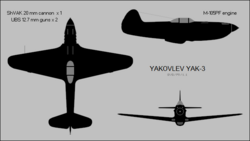 3-view silhouette drawing of the Yakovlev Yak-3