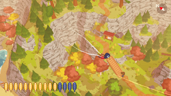 A bird gliding over an autumnal forest with pixelated aesthetic. A path leads up to the mountain. The number of available golden feathers is shown to the player.