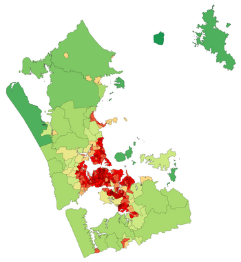 This map of the Auckland Region emphasises areas with the highest residential population density. The red core comprises the Auckland urban area.