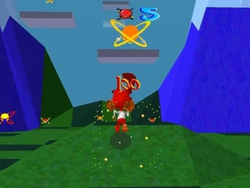 Screenshot of gameplay, showing the anthropomorphic bobcat Bubsy running through a 3D environment
