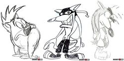 A row of three sketches depicting an anthropomorphic marsupial-like creature. The left character resembles a stocky, slouching wombat, while the middle character is taller, leaner, has a longer snout and wears a dark Zorro-like mask, and the right character is a combination of the two preceding designs, being lean, slouching and bare-faced.