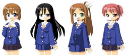 The four main characters in a prototype art style. The art is notably less refined, resembling older visual novels.