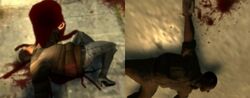 A dead civilian from the uncensored version on the left, and the censored version on the right. A pool of blood is visible on the uncensored version, while the censored version features a small splash of blood.