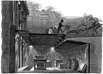 Cross-section of a road and adjacent building, showing the basement extending under the sidewalk and part of the road. Sunlight is shining through the sidewalk into the basement.