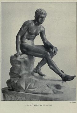 alt=Illustration of bronze statue of a nude male youth, seated on a rock with one leg outstretched, leaning on the opposite thigh, from the 1908 volume Buried Herculaneum by Ethel Ross Barker; caption reads "Mercury in Repose"