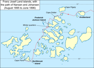 The scattered islands of the Franz Josef archipelago are depicted. A line from top right corner enters the islands and threads its way southwards, representing the journey to Cape Flora. The site of winter quarters on Frederick Jackson Island is indicated.