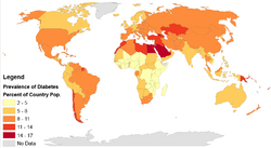 Prevalence of Diabetes by Percent of Country Population (2014) Gradient Map.png