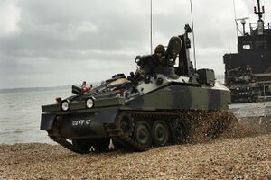 Spartan Armoured Personnel Carrier Exits Landing Craft During Amphibious Capability Demonstration MOD 45152077.jpg