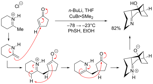 An intermolecular formal [3+3] cycloaddition between an cyclic iminium chloride and cyclopentenone.