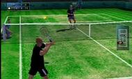Player character human male about to serve a tennis ball with racket in a tennis court, opponent on the far end.